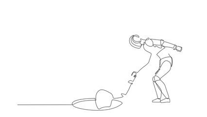 Poster - Animated self drawing of continuous one line draw robot helping his friend by take him out from hole. Humanoid robot cybernetic organism. Future robotics development. Full length single line animation