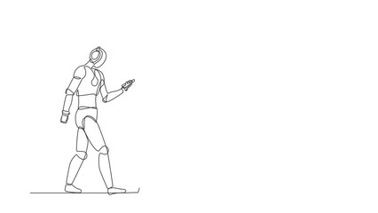 Poster - Animated self drawing of continuous line draw robot walking listening music and seeing smartphone. Robotic artificial intelligence technology. Electronic technology. Full length one line animation