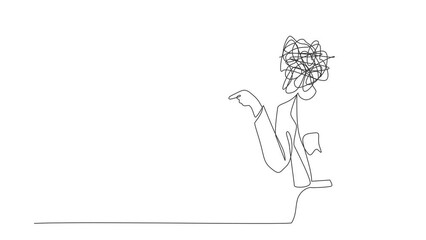 Poster - Animated self drawing of continuous line draw businesswoman with round scribbles instead of head. Angry worker, conflicting. Quarrel fight person. Female shouting. Full length one line animation