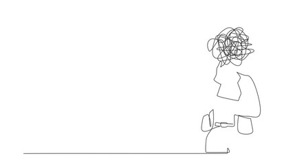 Poster - Self drawing animation of single line draw businesswoman with round scribbles instead of head. Manager standing in thoughtful pose holding her chin thinking. Continuous line draw. Full length animated