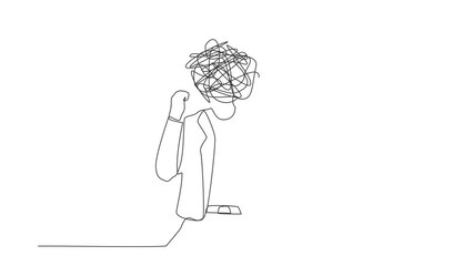 Poster - Animated self drawing of continuous one line draw businesswoman with round scribbles instead of head. Woman raised fist, shout expression. Expresses negative emotion. Full length single line animation