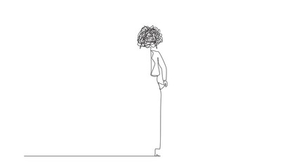 Poster - Self drawing animation of single one line draw businesswoman with round scribbles instead of head. Manager with pockets turned outward, no money. Bankrupt. Continuous line draw. Full length animated