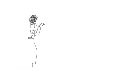 Poster - Animated self drawing of continuous one line draw businesswoman with round scribbles instead of head. Angry female, conflicting. Quarrel, aggressive person. Blaming. Full length single line animation