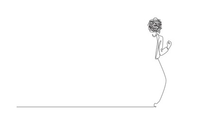 Poster - Single one line drawing businesswoman with round scribbles instead of a head. Angry annoyed worker with clenched fists. Aggressive mood, toxic communication. Continuous line draw design graphic vector