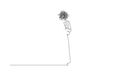 Poster - Animated self drawing of continuous line draw businesswoman with round scribbles instead of head. Time break, timeout signal. Body language sign with palms fingers. Full length single line animation