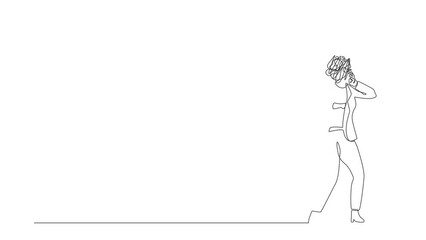 Poster - Self drawing animation of single one line draw businesswoman with round scribbles instead of head. Stop gesture, female covering eyes. Negative emotion pose. Continuous line draw. Full length animated