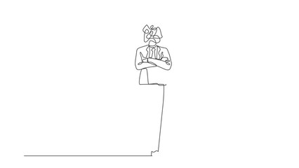 Poster - Animated self drawing of continuous one line draw businessman with round scribbles instead of head. Male manager keeping arms crossed. Male standing with folded arms. Full length single line animation