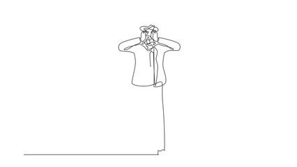 Poster - Self drawing animation of single one line draw businessman with round scribbles instead of a head. Confused pensive male asking questions searching answers. Continuous line draw. Full length animated