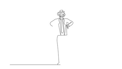 Poster - Animated self drawing of continuous line draw businessman with round scribbles instead of head. Male manager standing showing thumbs down sign. Disagreement, dislike. Full length single line animation