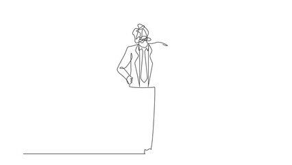 Poster - Animated self drawing of continuous line draw businessman with round scribbles instead of a head. Doubting man standing, thinking, unsatisfied serious worrying human. Full length single line animation