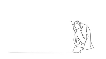 Poster - Animated self drawing of continuous line draw businessman with round scribbles instead of head. Distressed worker gesture have overwork. Suffer headache, workload. Full length single line animation