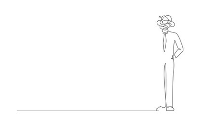 Poster - Self drawing animation of single one line draw businessman with round scribbles instead of head. Manager pointing finger up gesture. Innovation, problem solving. Continuous line. Full length animated