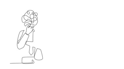 Poster - Animated self drawing of continuous line draw businessman with round scribbles instead of head. Manager in formal suit standing in thoughtful holding his chin thinking. Full length one line animation