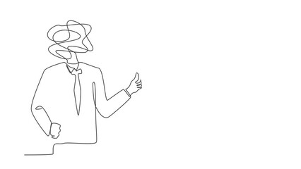 Poster - Animated self drawing of continuous line draw businessman with round scribbles instead of head. Frustrated man. Confusion in thoughts. Chaos in head. Confusing process. Full length one line animation