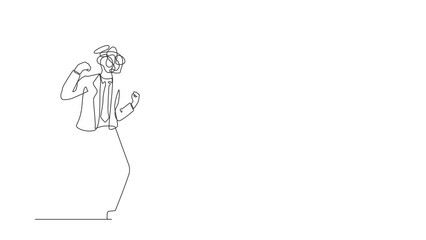 Poster - Self drawing animation of single one line draw businessman with round scribbles instead of head. Angry worker with clenched fists. Aggressive mood, toxic. Continuous line draw. Full length animated