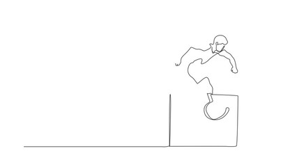 Poster - Animated self drawing of continuous line draw amputated young male athlete jumping, running over hurdle. Disability games with hurdle race. Disability sport concept. Full length one line animation