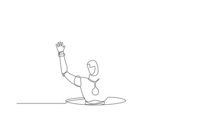 Poster - Animated self drawing of continuous line draw robot fell into manhole underground sewer. Robot fell into sewage. Robotic artificial intelligence. Electronic technology. Full length one line animation