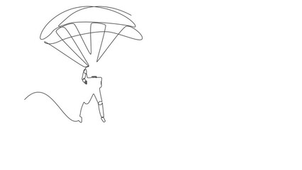 Poster - Self drawing animation of single line draw robots jump with parachute holding briefcase. Humanoid robot cybernetic organism. Future robotics development concept. Continuous line. Full length animated