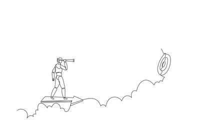 Poster - Animated self drawing of continuous line draw robots ride arrow looking with monocular air hot balloon target. Humanoid robot cybernetic organism. Future robotics. Full length single line animation