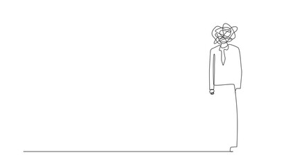 Poster - Animated self drawing of continuous one line draw businessman with round scribbles instead of head. Frustrated man. Problem, confusion in thoughts. Mental disorder. Full length single line animation