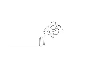 Poster - Self drawing animation of single line draw Arab businesswoman feeling sad, depression, holding head, sitting on floor. Frustrated worker mental health problems. Continuous line. Full length animated