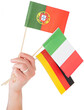 Close-up of hand holding various flags