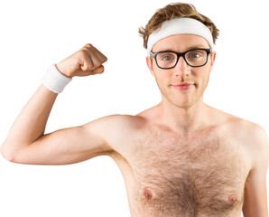 Poster - Geeky shirtless hipster flexing bicep