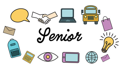 Poster - Senior text surrounded by various colorful vector icons