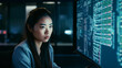 © Dan Martin - Young asian woman watching computer screens, business technology. Generative AI