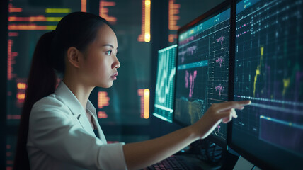 Young asian woman watching computer screens, business technology. Generative AI