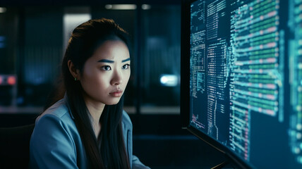 Young asian woman watching computer screens, business technology. Generative AI