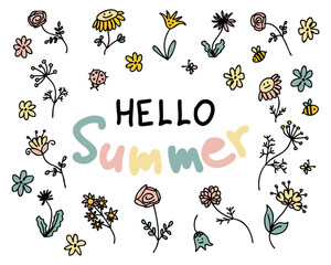 HELLO SUMMER slogan print with wildflowers in simple doodle style. Perfect for tee, stickers, cards. Isolated vector illustration for decor and design.
