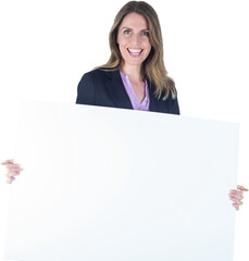 Wall Mural - Portrait of beautiful businesswoman holding blank billboard