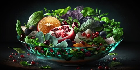 Wall Mural - To the front Salad of savory vegetables and tart pomegranates served atop a Generative AI