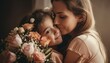 © DesignVectX - Little girl holding flowers, hugging her mother and celebrating mother's day. Generative AI