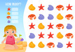 Counting educational children game, math kids activity sheet. How many objects task. Summer collection. A cute girl sculpts sand cakes.
