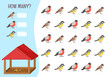 Counting educational children game, math kids activity sheet. How many objects task. Vector illustration of cartoon winter birds.
