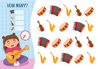 Counting educational children game, math kids activity sheet. How many objects task. Cartoon illustration of a cute girl playing the guitar.
