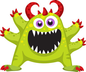 Wall Mural - Green horned monster, cartoon scary character