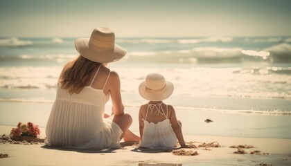 Mother and child enjoying a leisurely day at the beach, with the sea and sun providing a beautiful backdrop. Mother's Day. Generative AI