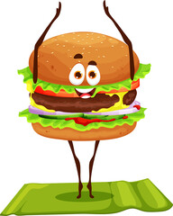 Sticker - Cartoon funny burger character on yoga fitness