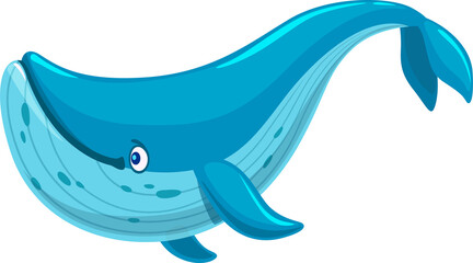 Wall Mural - Cartoon blue whale character, cute ocean animal