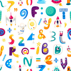 Poster - Kids space cartoon letters and numbers pattern