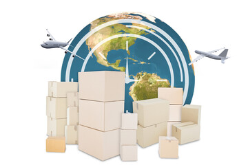 Sticker - Digital image of boxes with globe and airplanes 