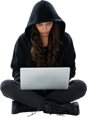 Wall Mural - Young female hacker using laptop while sitting 