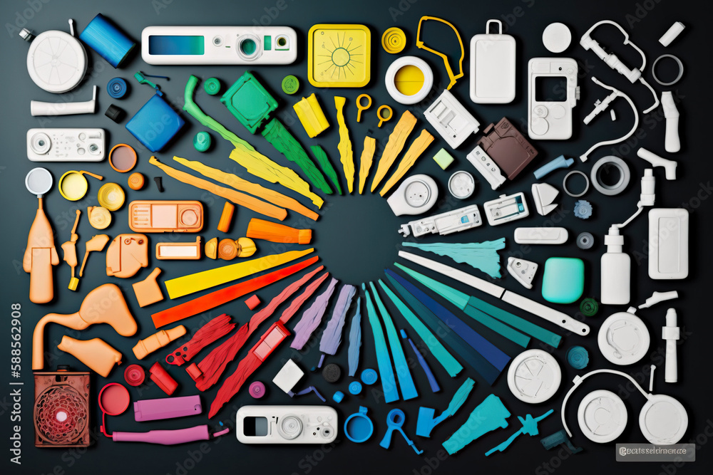 Pieces of colored plastic beautifully arranged in rainbow pattern, AI ...