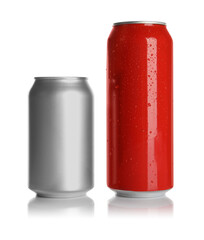 Poster - Aluminum cans with drinks on white background