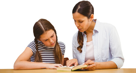 Poster - Teacher and girl reading book in library