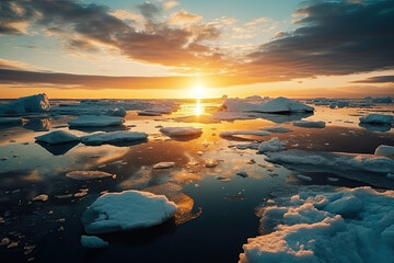 Canvas Print - Ice floes and icebergs in the cold Arctic in global warming, generative AI