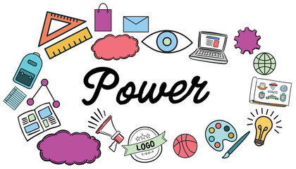 Poster - Multi colored power text surrounded by icons